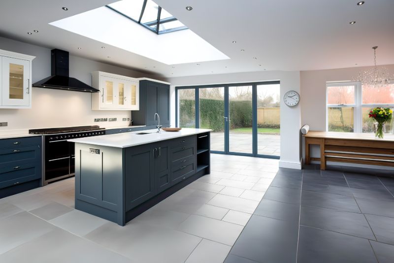Single Storey Extension showing a roof light and a grey/blue kitchen and french doors